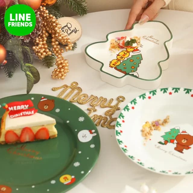【LINE FRIENDS】熊大莎莉季節限定款聖誕陶瓷餐盤餐碗5件組(聖誕交換禮物)