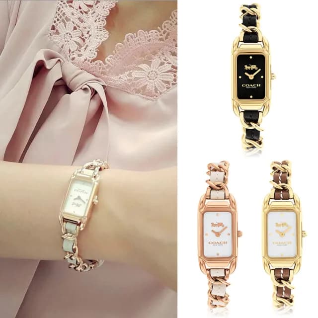 【COACH】官方授權 Cadie馬車長方皮革鍊帶 小香 女錶-17.5/4色可選(14504281/14504283/14504282/14504280)