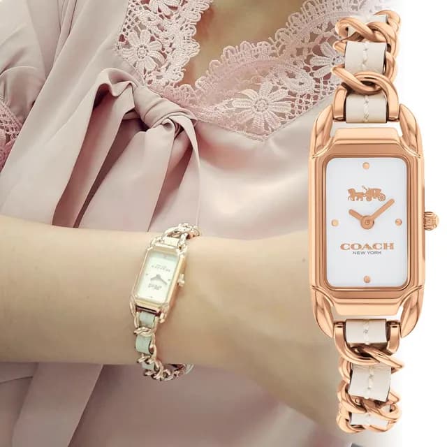 【COACH】官方授權 Cadie馬車長方皮革鍊帶 小香 女錶-17.5/4色可選(14504281/14504283/14504282/14504280)