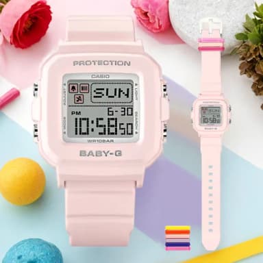 【CASIO 卡西歐】BABY-G 隨附6個繽紛錶帶環 像素動畫手錶 送禮 禮物 推薦(BGD-10L-4)