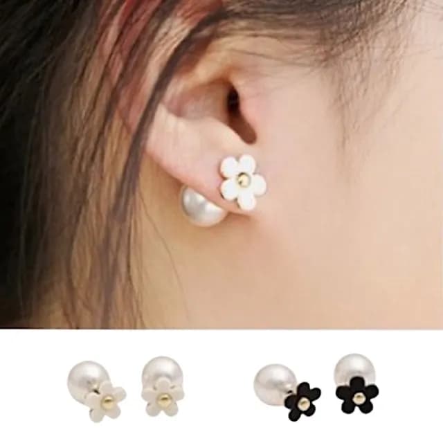 【89 zone】法式古典五葉花珍珠 飾品 耳飾 耳釘 耳環(白/黑)