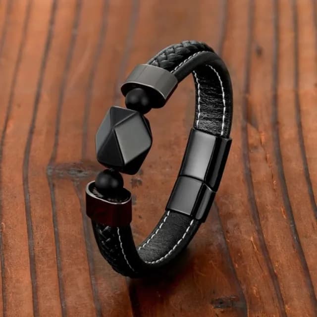 【Penny珮妮】男款菱形天然黑瑪瑙皮革手鐲手鍊2尺寸可選(父親節/生日禮物/送男友/交換禮物/情人節)