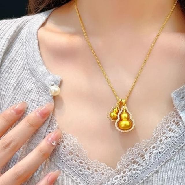 【Penny珮妮】沙金古法銅度黃金旋轉雙葫蘆疊戴鑲嵌項鍊吊墜(生日禮/母親節/交換禮物/情人節/送女友/毛衣鏈)