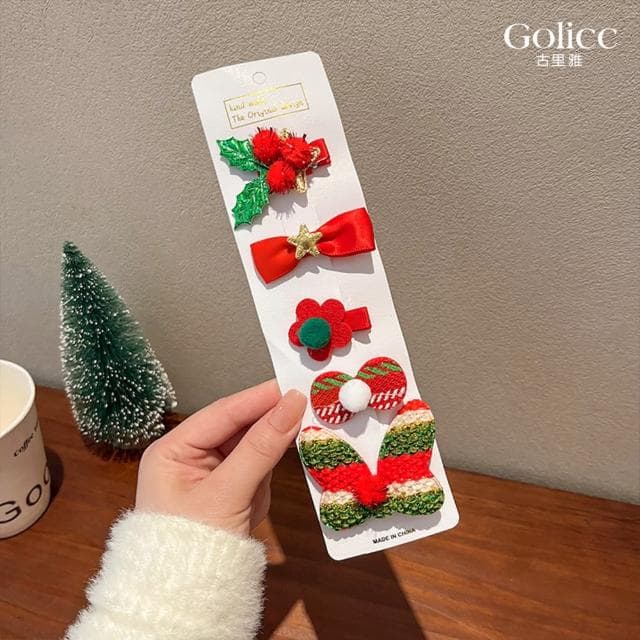 【Golicc】聖誕造型小髮夾 一組5入(母親節 生日 情人節 髮飾 頭飾 鯊魚夾 抓夾 禮物)
