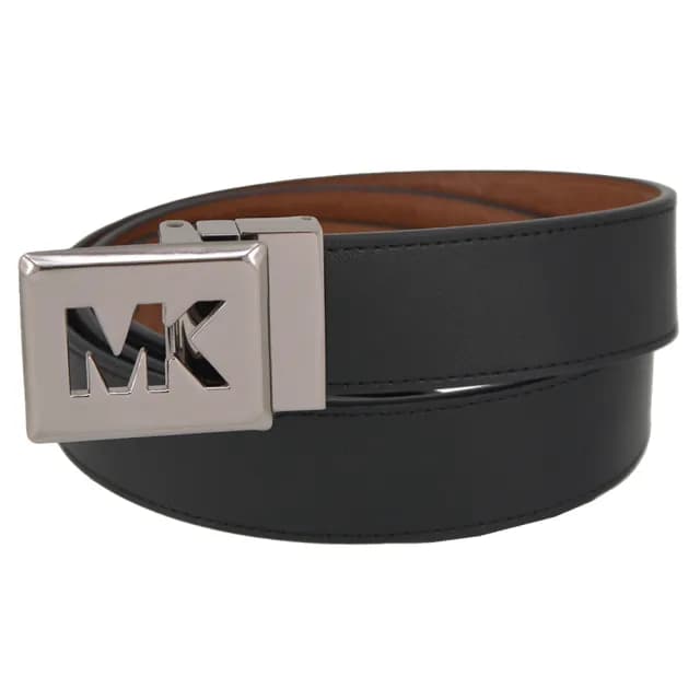 【Michael Kors】紳士風 男士  銀釦鏤空LOGO 雙面用 寬版 皮帶(經典黑)