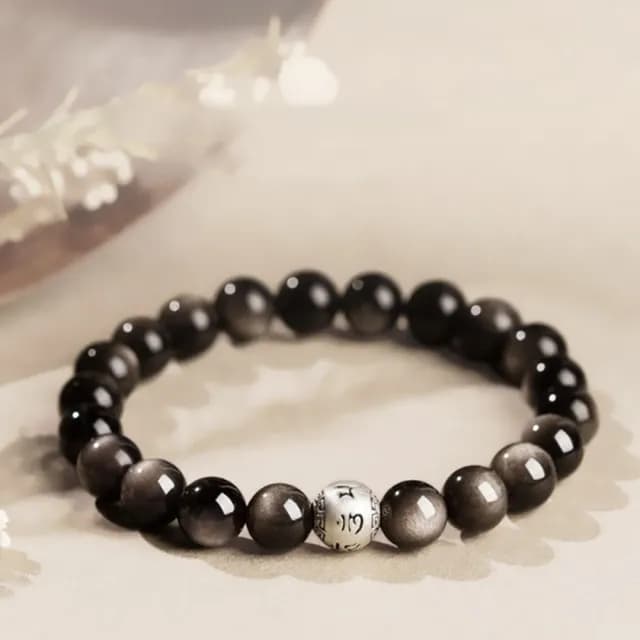 【Penny珮妮】黑曜石純銀六字箴言手鍊8mm(母親節禮物/交換禮物/送女友/送男友/生日禮物/情人節/父親節)