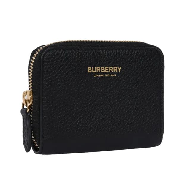 【BURBERRY 巴寶莉】金字Logo 粒紋牛皮ㄇ形拉鍊零錢包/卡夾包(黑色)