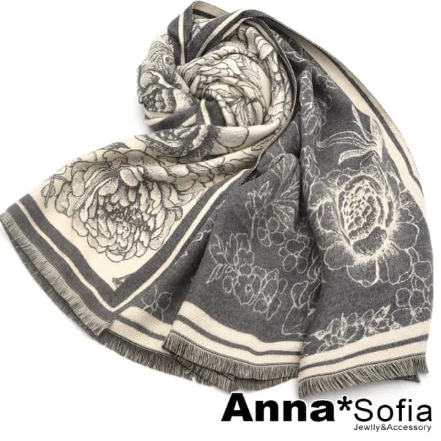 【AnnaSofia】仿羊絨大披肩圍巾-線繪牡丹雙面色 現貨(灰米系)