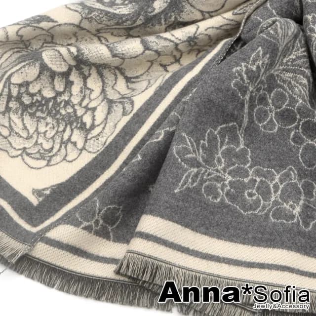 【AnnaSofia】仿羊絨大披肩圍巾-線繪牡丹雙面色 現貨(灰米系)