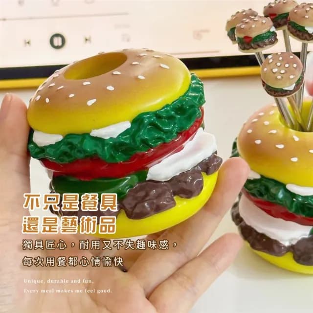【可愛餐廚】漢堡造型不鏽鋼水果叉組-5入(點心叉 小叉子 蛋糕叉 甜點叉 擺飾 拍攝道具 禮物)