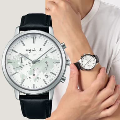 【agnes b.】Sam 40周年紀念 世界地圖三眼計時手錶-40mm 母親節 送禮 禮物(BT3043X1/VD53-KWJ0Z)