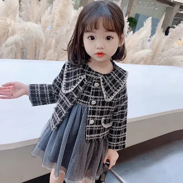 【橘魔法】翻領小香風交錯編織毛呢洋裝(長袖外套+無袖紗裙洋裝 套裝 外套 女童 洋裝 童裝 兒童)