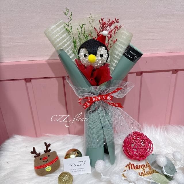 【喜滋滋花藝】可愛QQ球動物聖誕花束(交換禮物/聖誕禮物/生日禮物/耶誕節/聖誕卡片)