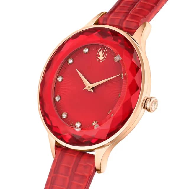【SWAROVSKI 施華洛世奇】Octea Nova 簡約優雅 女生禮物推薦 玫瑰金x紅色 皮革女錶 母親節優惠(5650002)