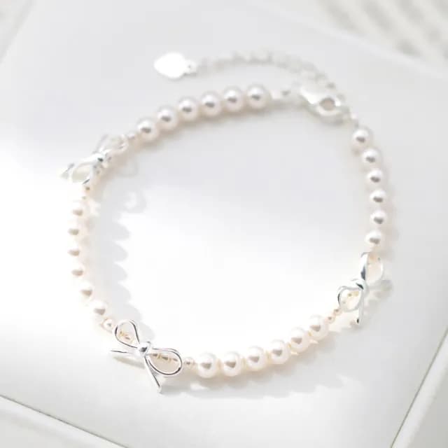【簡約氣質】韓系千金感925純銀珍珠手鍊(蝴蝶結點綴 手珠 手串 串珠 手鐲 生日禮物 女生)