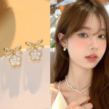 【Golicc】耳環 滿鑽蝴蝶結花朵(母親節 生日 情人節 飾品 耳釘 耳飾 耳墜 禮物)