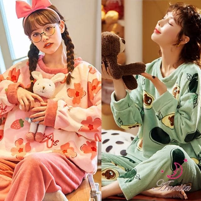 【Annita】交換禮物秋冬可愛保暖 珊瑚絨居家服睡衣(長袖睡衣/女睡衣居家服/兩件式睡衣/法蘭絨珊瑚絨睡衣)