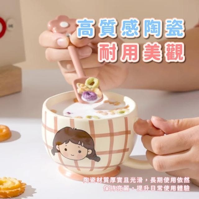 【可愛禮物】男女帶蓋陶瓷杯2件組-附勺子(攪拌勺 情侶杯 馬克杯 水杯 咖啡杯 辦公室 親子杯 兒童 對杯)