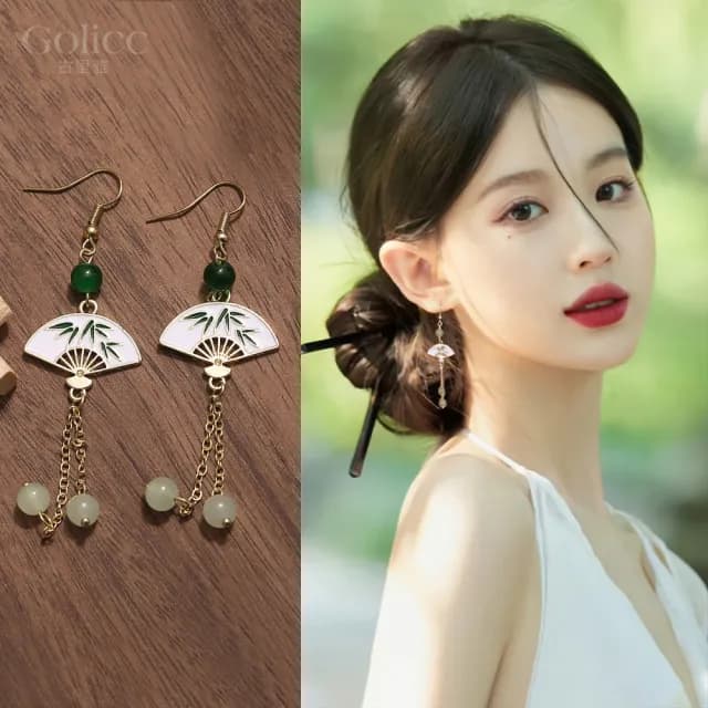 【Golicc】耳環 玉石流蘇扇 中式墜式(雙11 聖誕節 生日 飾品 耳釘 耳飾 耳墜 禮物)