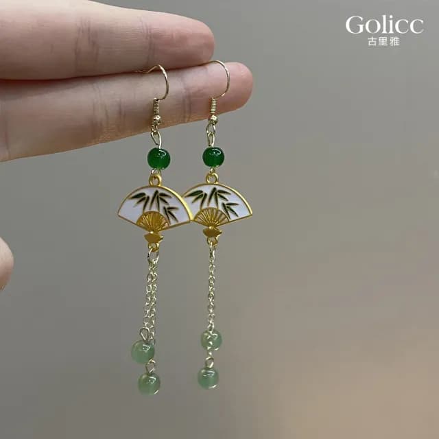 【Golicc】耳環 玉石流蘇扇 中式墜式(99購物限定 生日 飾品 耳釘 耳飾 耳墜 禮物)