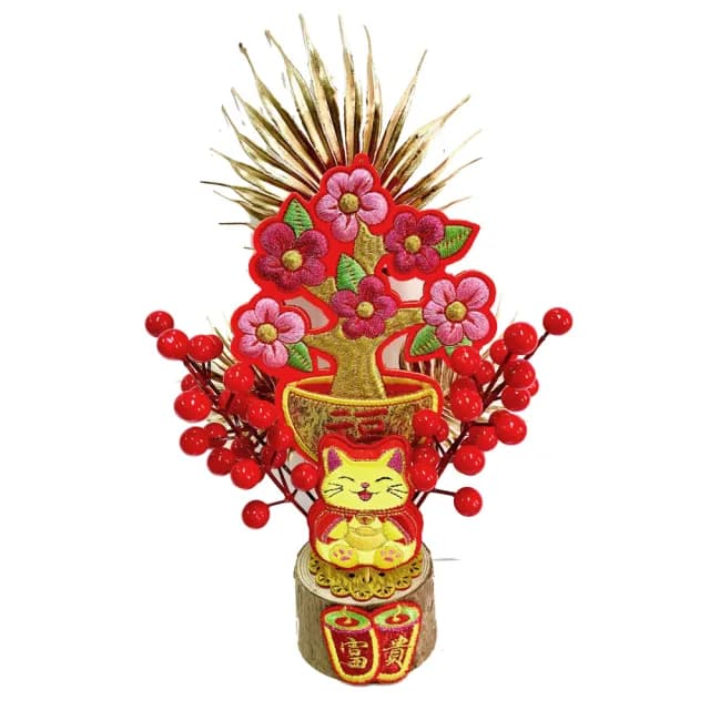 【六分埔禮品】招財貓桃花樹木頭底座擺飾-單入(春節擺飾過年新年快樂蛇年居家配件裝飾春節小物果樹裝飾樹)
