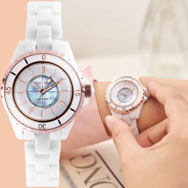 【Relax Time】奢華陶瓷光動能女錶-34mm 禮物 送禮 推薦(RT-107S-2RG)