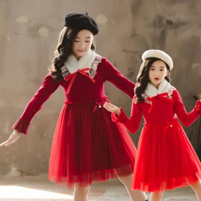 【橘魔法】蕾絲毛領刷毛長袖洋裝 套裝(連身洋裝 連身裙 過年 新年 聖誕 花童 大紅 大童 女童 兒童 童裝)