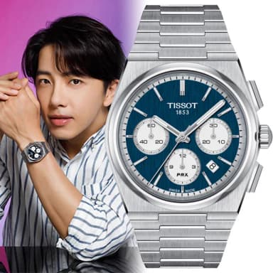 【TISSOT 天梭 官方授權】PRX系列 復古風酒桶型三眼計時機械錶-42mm/藍 熊貓錶 禮物(T1374271104100)