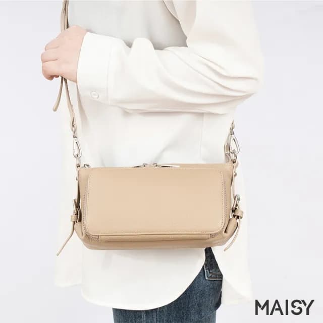 【MAISY】情人節禮物 真皮 高級頭層牛皮簡約肩背包 手提包(真皮包包 卡其色／米色／藍色／黑色／綠色／銀色