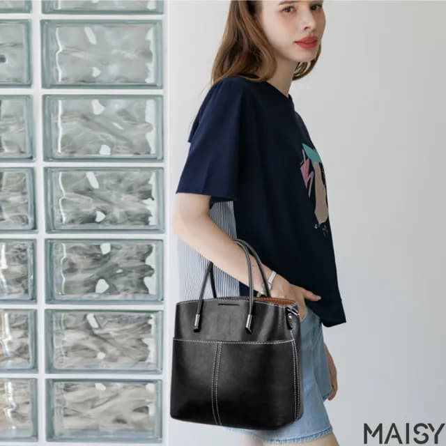【MAISY】情人節禮物 油蠟皮質實用經典手提包 肩/側背包(棕色／黃色／黑色)