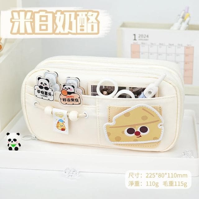 【OECO】可愛學生魔術貼筆盒 帆布多層收納筆袋 學生文具袋 禮物(文具收納袋 鉛筆盒 文具盒 交換禮物)