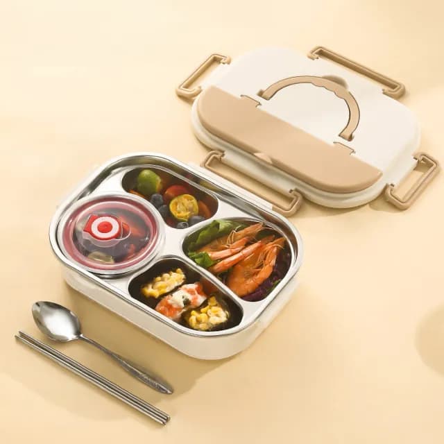 【韓系小品】304不鏽鋼奶白分格便當盒-1200ml(附餐具組 湯碗 密封 保溫 保鮮盒 飯盒 午餐盒 上班族 學)