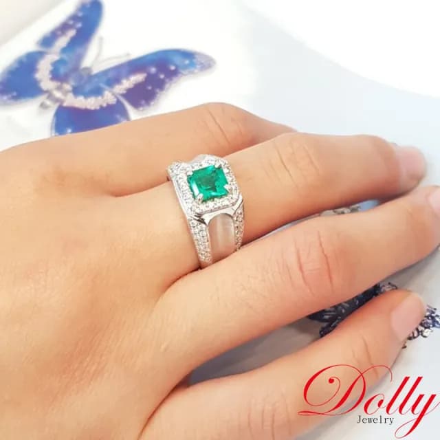【DOLLY】父親節禮物 1克拉 天然哥倫比亞祖母綠18K金鑽石男戒-002(情人節 交換禮物首選)