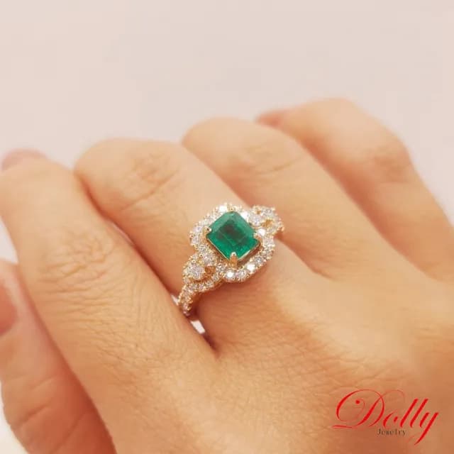 【DOLLY】1克拉 天然哥倫比亞祖母綠18K玫瑰金鑽石戒指-005(母親節 長輩送禮 交換禮物首選)