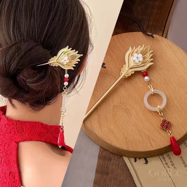 【Golicc】中式 鳳凰流蘇吊墜 古風婚慶髮簪(七夕 情人節 生日 髮飾 頭飾 婚禮 喜慶 禮物)