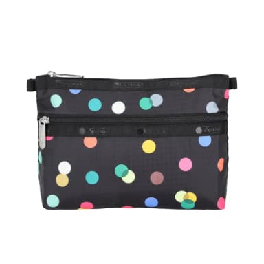 【Lesportsac】雙層拉鍊收納化妝包/ 圓點漂浮氣球 送禮 禮物(黑色)