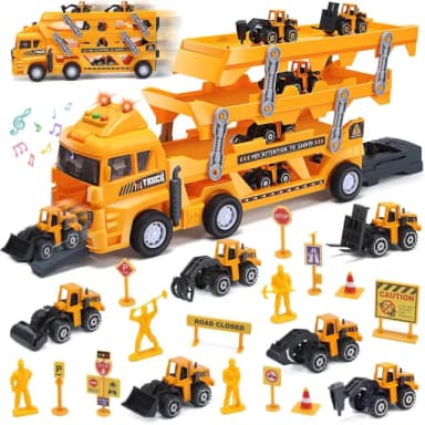 【CuteStone】兒童聲光卡車三層工程運輸車套裝玩具21件組(玩具車  生日玩具)