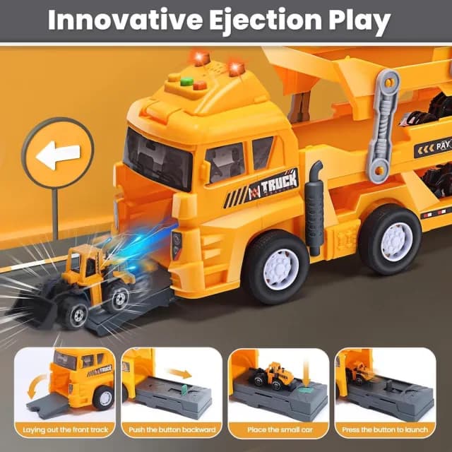 【CuteStone】兒童聲光卡車三層工程運輸車套裝玩具21件組(玩具車  生日玩具)