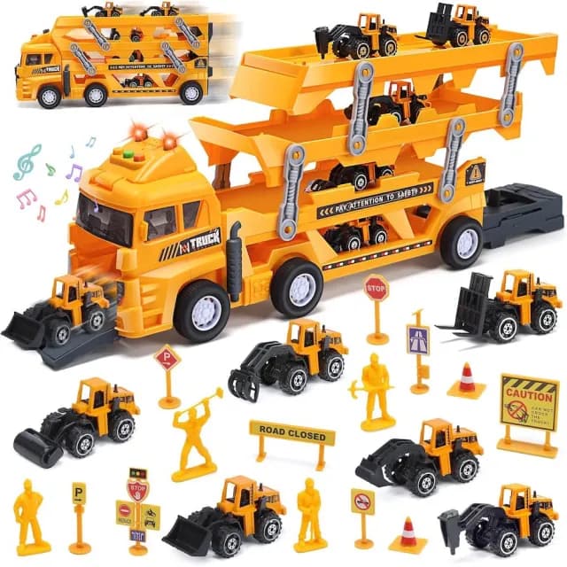 【CuteStone】兒童聲光卡車三層工程運輸車套裝玩具21件組(玩具車  生日玩具)