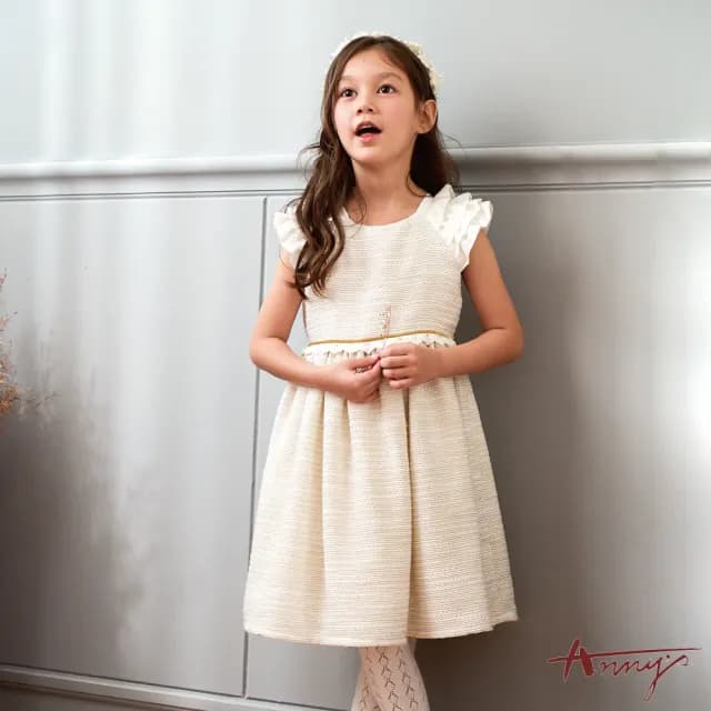 【ANNY’S 安妮公主】童裝 晶亮質感秋冬款層次緞面袖洋裝(9214米白)