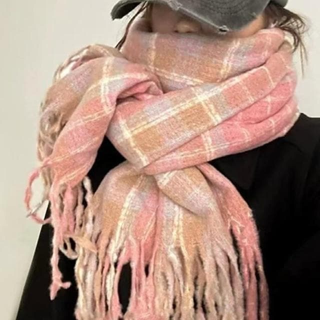 【KT DADA】仿羊絨圍巾 圍脖 保暖圍巾 格子圍巾 粉色圍巾 保暖披肩 生日禮物 女生實用 小臉神器 加厚圍巾