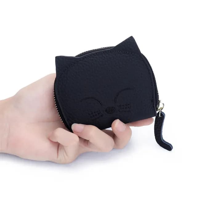 【達賀尊爵】牛皮卡包女士新款卡通可愛刺繡貓咪零錢包(多卡位證件收納小包)