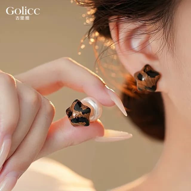 【Gulicc】豹紋 星星珍珠 雙面耳環(雙11 聖誕節 生日 飾品 耳釘 耳飾 耳墜 禮物)