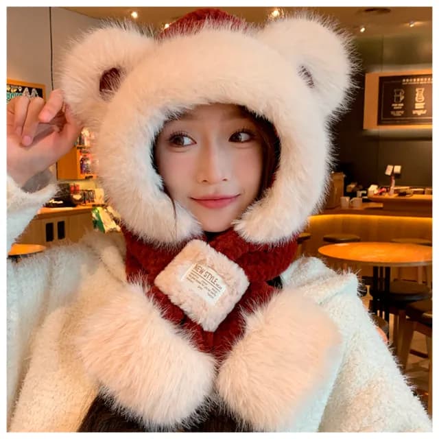 【HaNA 梨花】暖到爆又可可愛愛．安哥拉紅小熊一體毛帽圍巾一體式保暖護耳防風