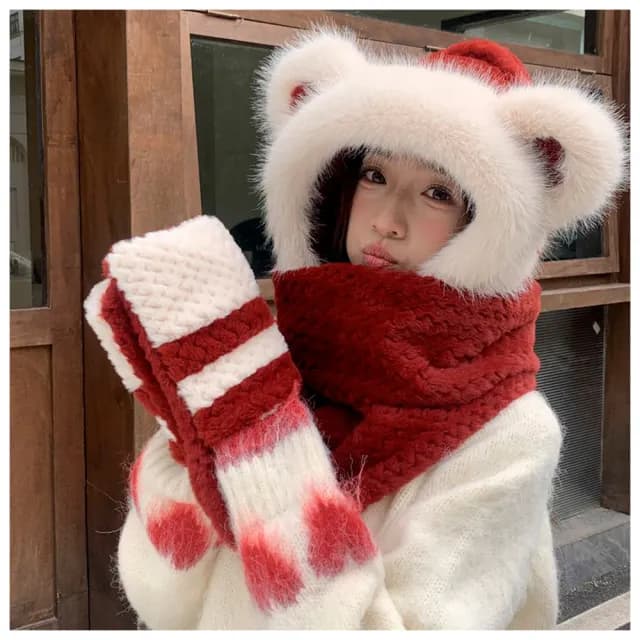 【HaNA 梨花】暖到爆又可可愛愛．安哥拉紅小熊一體毛帽圍巾一體式保暖護耳防風