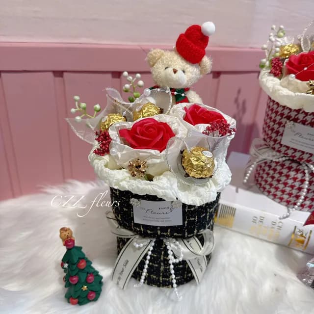 【喜滋滋花藝】高質感聖誕熊金莎巧克力聖誕花束(聖誕禮物/聖誕花束/交換禮物/金莎花束)