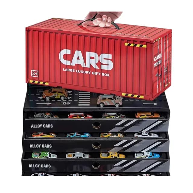 【啾愛你】場景收納貨櫃車-內附48台迴力車(貨櫃車 兒童禮物 兒童玩具 玩具車 合金車 小車模型 回力車)