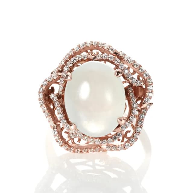 【DOLLY】14K金 緬甸冰玻種白翡玫瑰金鑽石戒指(母親節 長輩送禮 交換禮物首選)