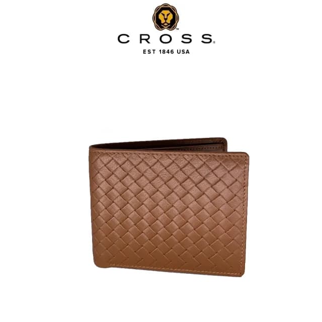 【CROSS】頂級小牛皮編織紋8卡男用皮夾(咖啡色 七夕情人節禮物 送禮 男夾)