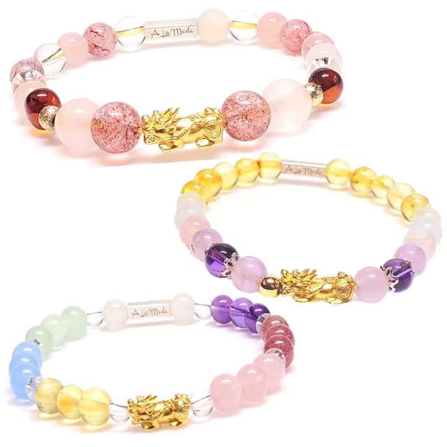 【Alamode】招財純金貔貅手鍊（多款選1）(琥珀 水晶 粉晶 紫晶)